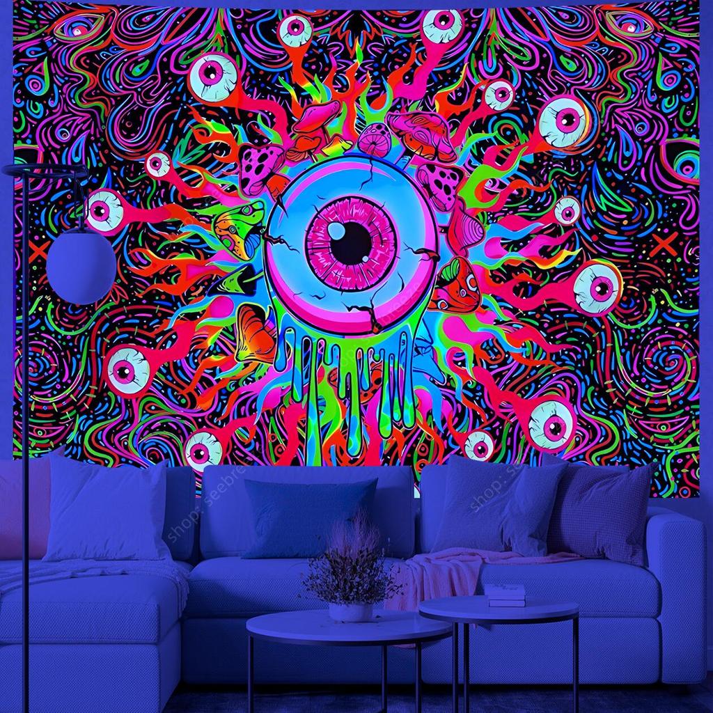 Psychedelic Eye of God UV Reactive Tapestry for Witchcraft Hippie Wall Hanging Bohemian Mandala Art Aesthetic Room Wall Decor