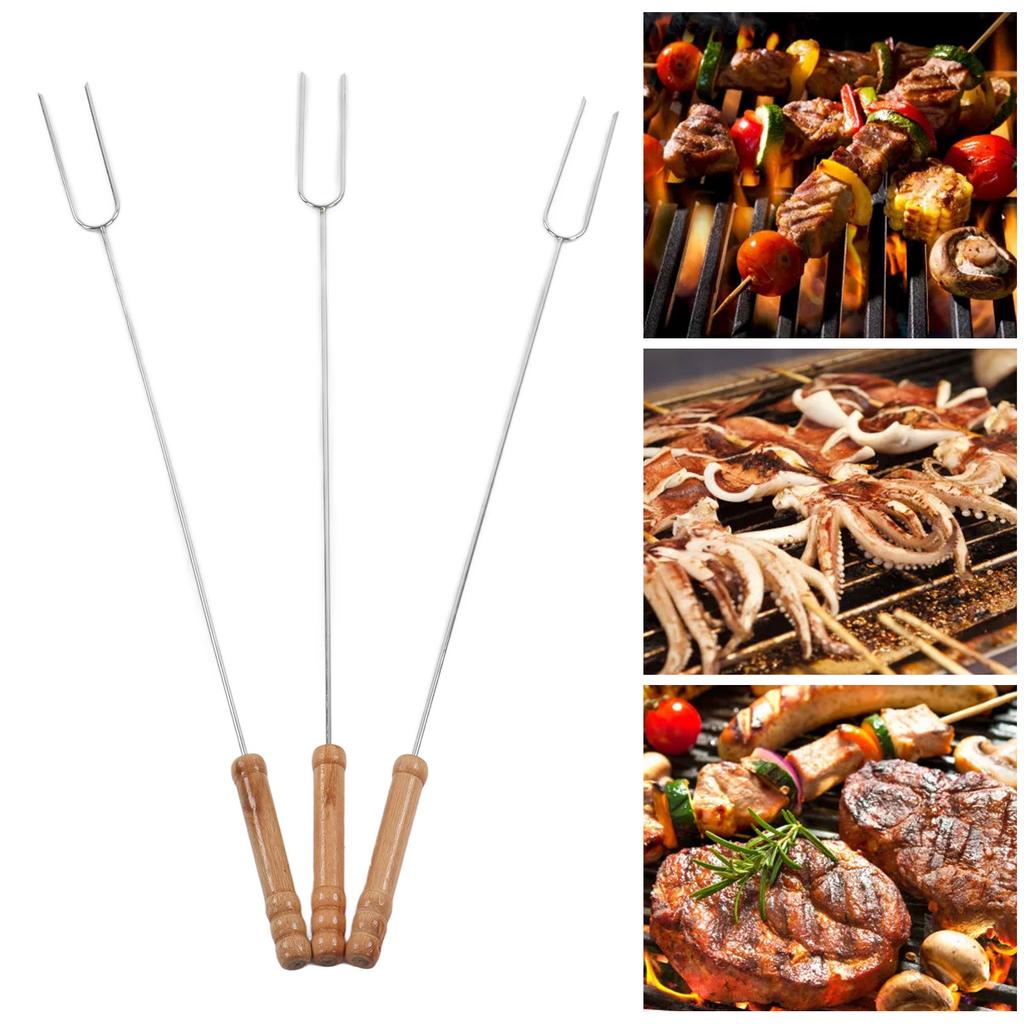 Hot Dog Fork Lightweight Reusable Heat Resistant Roasting Stick Stainless Steel with Beech Wood Handle for Outdoor