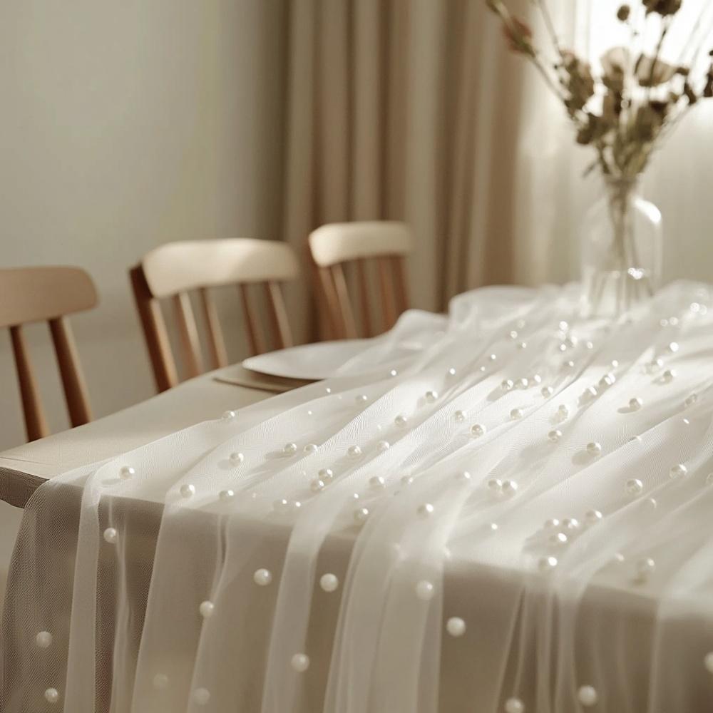 Pearl Chiffon Table Runner 3m Semi Transparent Gauze Mesh Table Cloth Fabric for Wedding Bridal Shower Party Dining Decoration