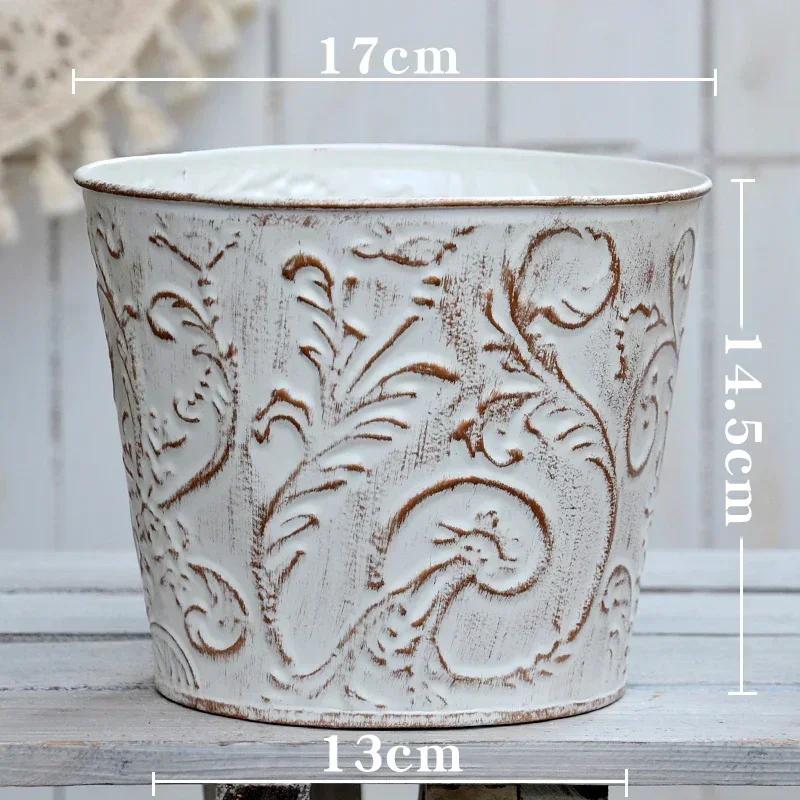 

White Printed Relief Retro Flower Arrangement Bucket Metal Ironwork Originality Flower Pot Home Garden Courtyard Villa Decorate