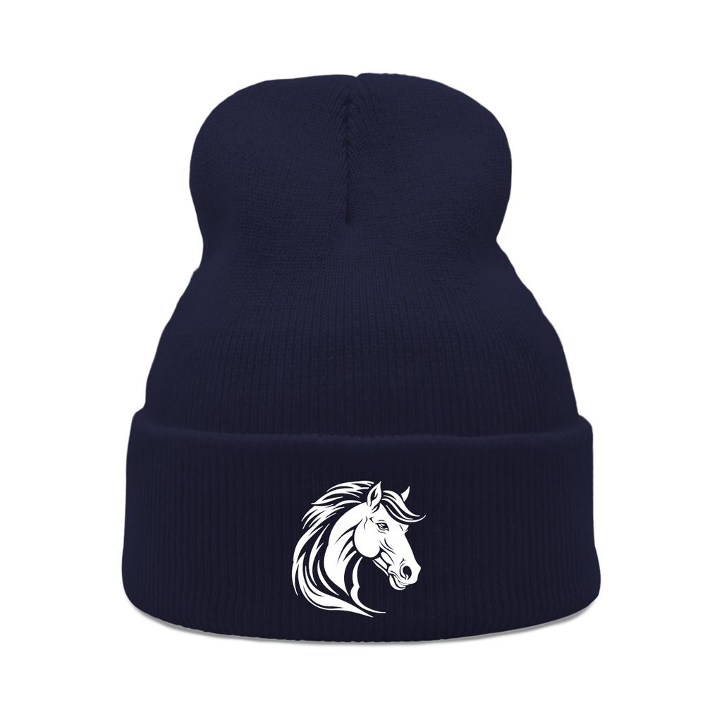 White Horse Print Winter Hats Unisex Warm Knitted Cap Beanie Hat For Woman Cuff Trendy Knit Hat Beanie Perfect For Urban Style