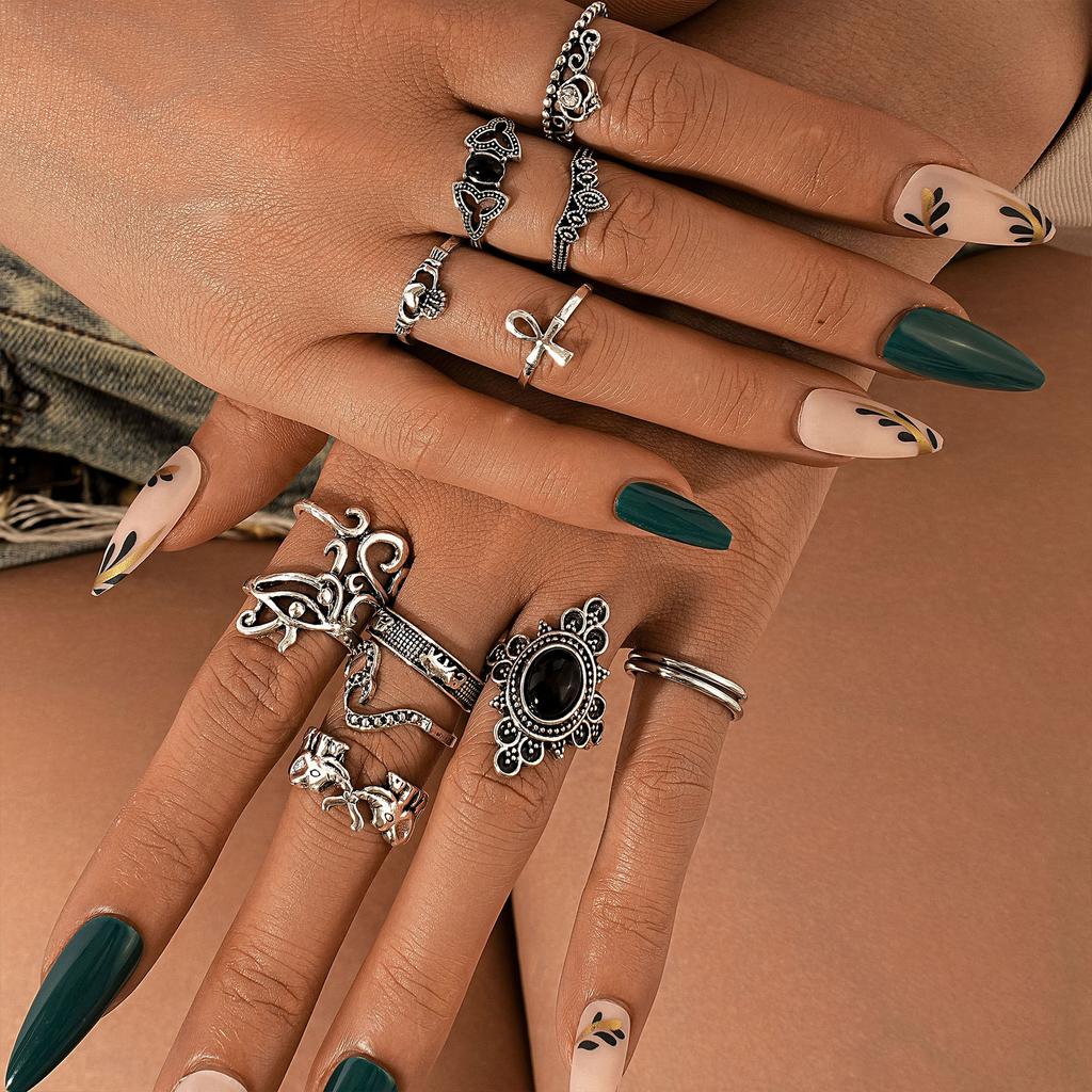 Stylish Carved Elephant Black Knuckle Ring Set