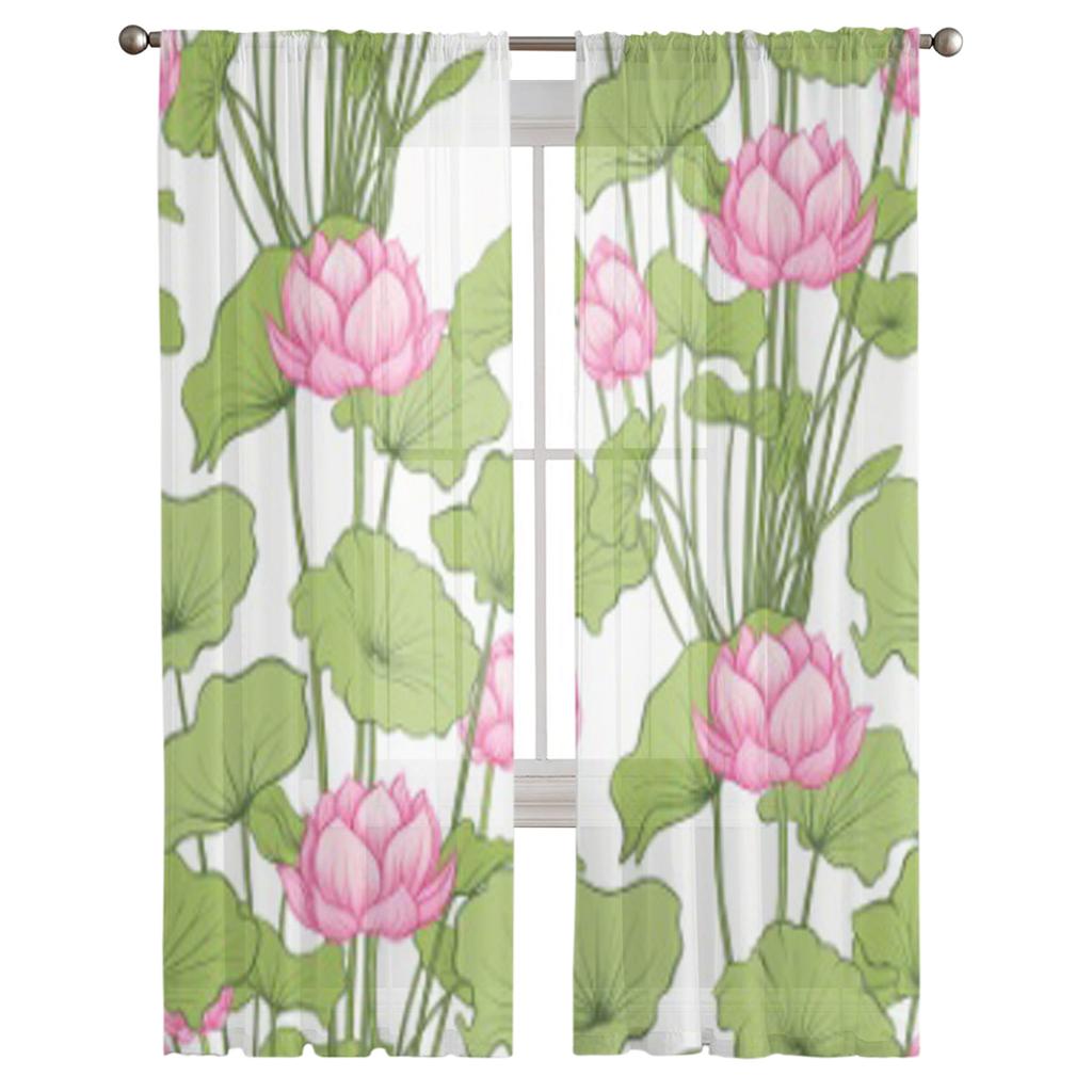 Seamless Pattern Background With Lotus Flower Chiffon Sheer Curtains for Living Room Bedroom Decor Window Voiles Tulle Curtain