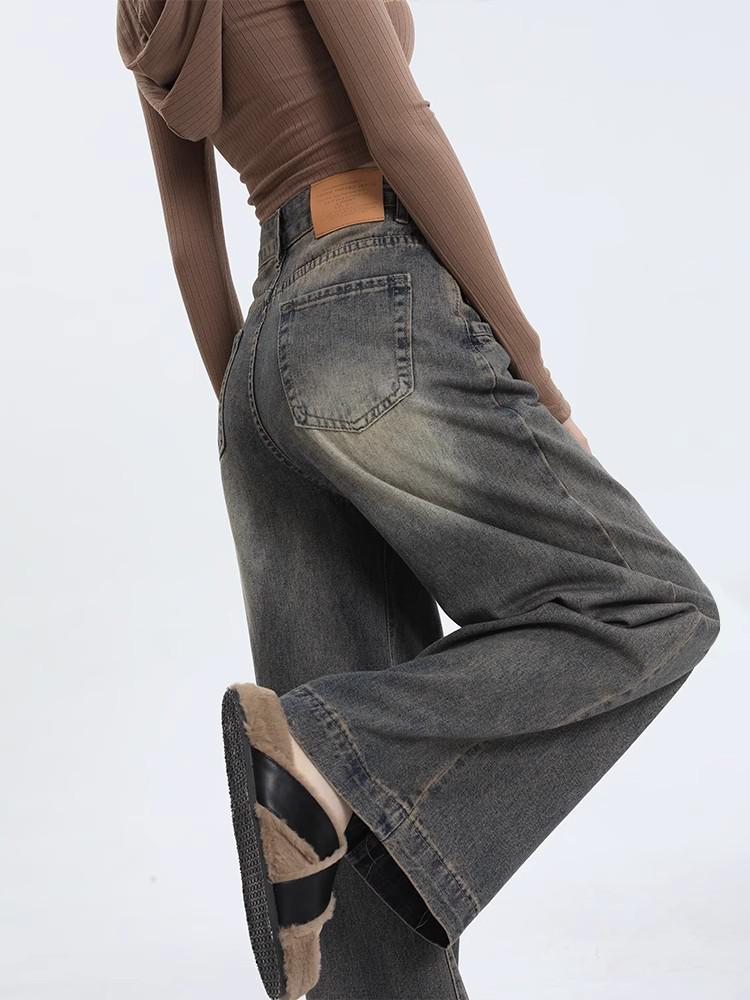 Women s High Waist Retro Washed Wide Leg Jeans - Early Autumn Loose Fit, Floor-Length L