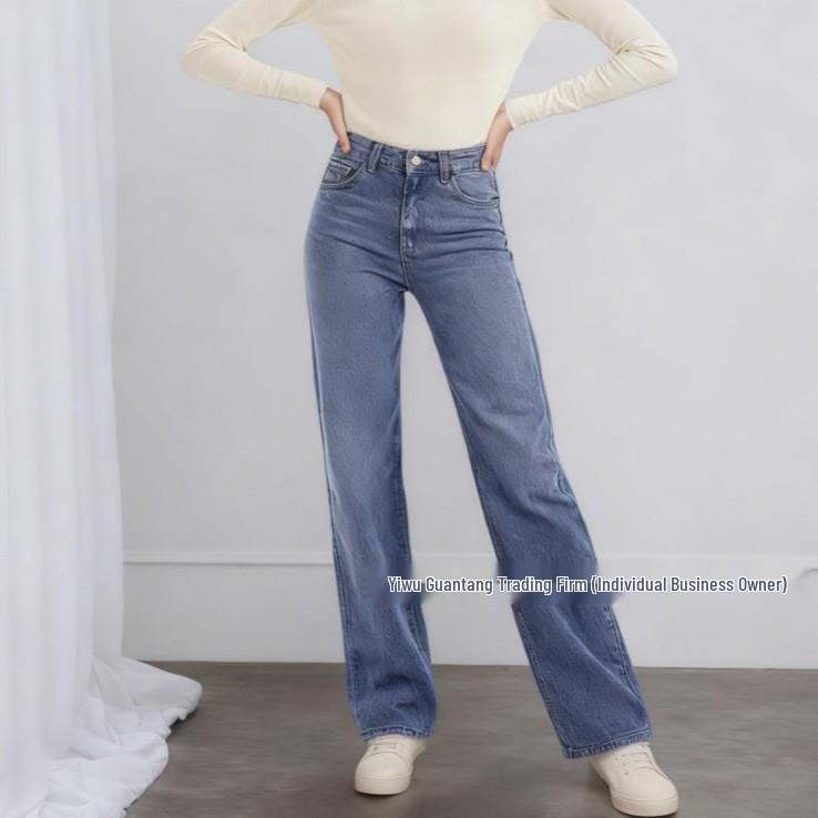 

European & American Retro Y2K Asymmetrical Waist Straight-Leg Denim Jeans for Women - Versatile, Commuting Pants with Wash-out Style S