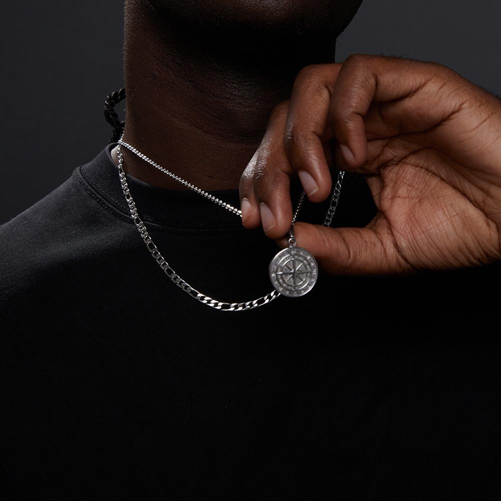 Ανδρικά κολιέ με στρώματα Vnox, μενταγιόν πυξίδας ταξιδιού ιστιοπλοΐας, αλυσίδα σίτου Figaro από ανοξείδωτο ατσάλι, περιστασιακό ρετρό γιακά