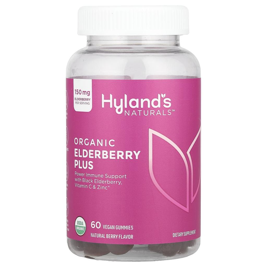 Hyland'S Naturals, Organic Elderberry Plus Gummies, Natural Berry, Vegan Gummies, 60 Pieces