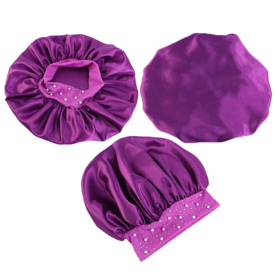 Women Bonnet Cap Solid Color Faux Pearls Rhinestone Elastic Band Bouffant Hat for Hair Salon