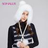 SOMALER Winter Knit Real Fur Hats for Women Real Fox Fur Earflap Cap with Fur Pom Pom Warm Knitted Ear Protection Beanies