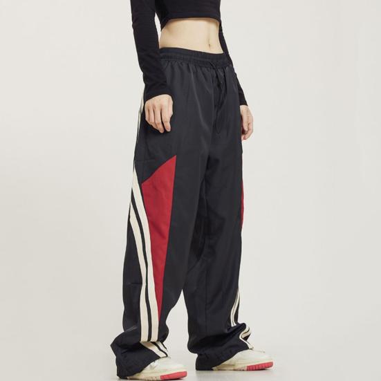 Damenhose, elastisch, hohe Taille, verstellbarer Kordelzug, weites Bein, vertikale Streifennähte, Retro-Streetstyle-Sporthose
