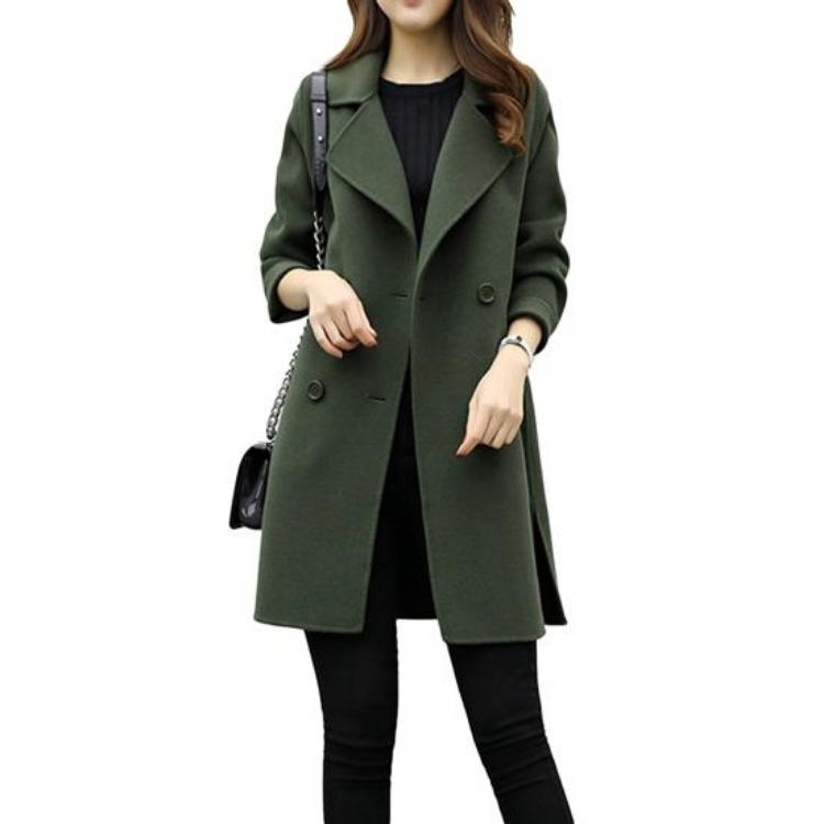 Women Woolen Trench Coat Double Breasted Lapel Midi Solid Color Autumn Winter S армия зеленый