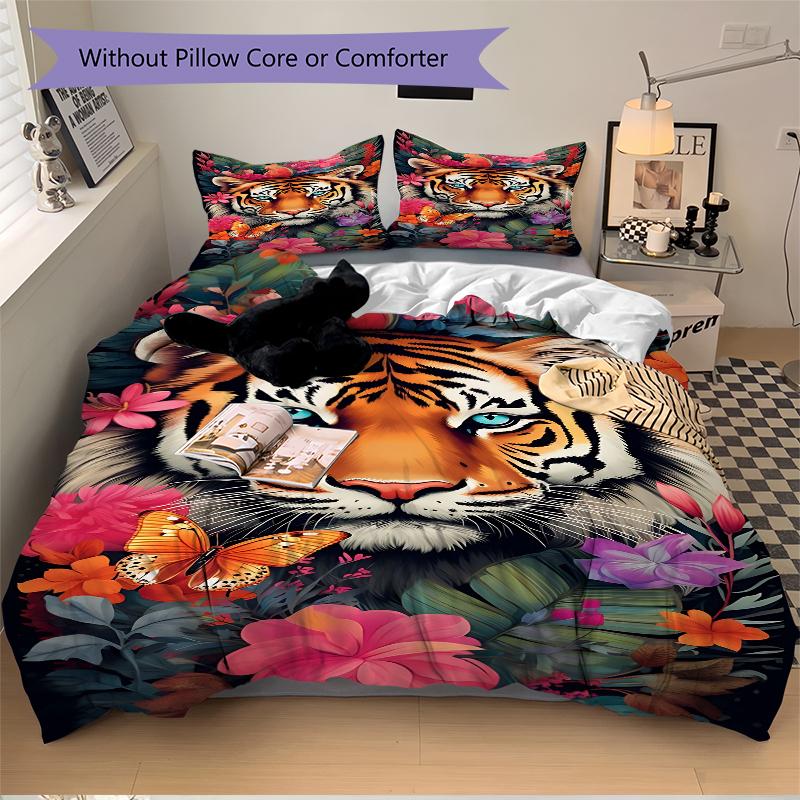 3Pcs Tiger Amidst Floral Splendor Bedding Set Soft Fabric Duvet Cover Pillowcases Home Christmas Xmas Halloween Gift 1 Duvet Cover 2 Pillowcase