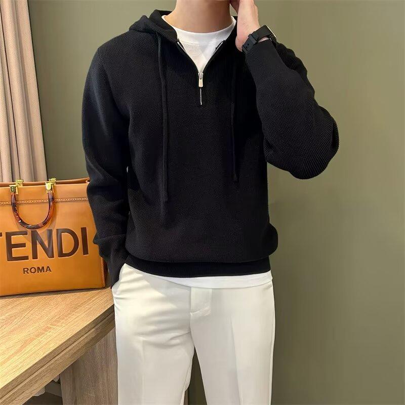 Men's 2024 Autumn Winter Casual Knit Pullover Hoodie - Drop Shoulder, Half Zip, Versatile.