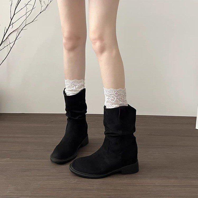 Short Boots Children's Coarse Heel Medium Tube Pile Boots Women's Summer New Autumn Maillard Western Cowboy Martin Boots