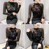 Retro Printed Turtleneck Base Shirt Slim Long-sleeved T-shirt Mesh Lace Top Two-piece Front and Back