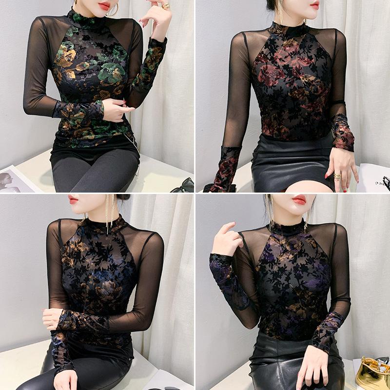 Retro Printed Turtleneck Base Shirt Slim Long-sleeved T-shirt Mesh Lace Top Two-piece Front and Back