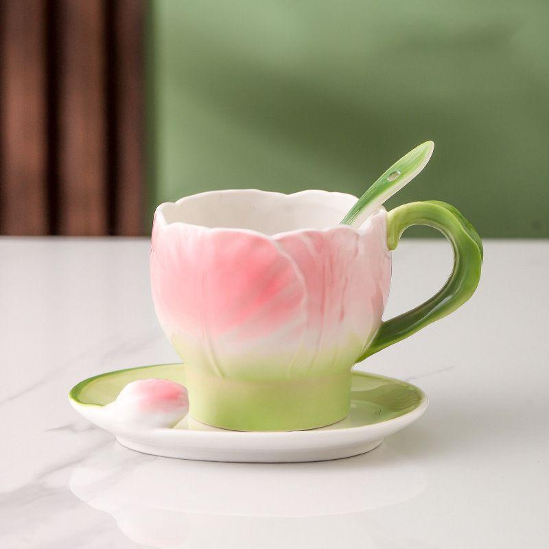 French Color Ceramic Coffee Mug Saucer Spoon Creative Tulip Perfume Cup Three-Dimensional Flower Afternoon Camellia Tea Cup Gift
