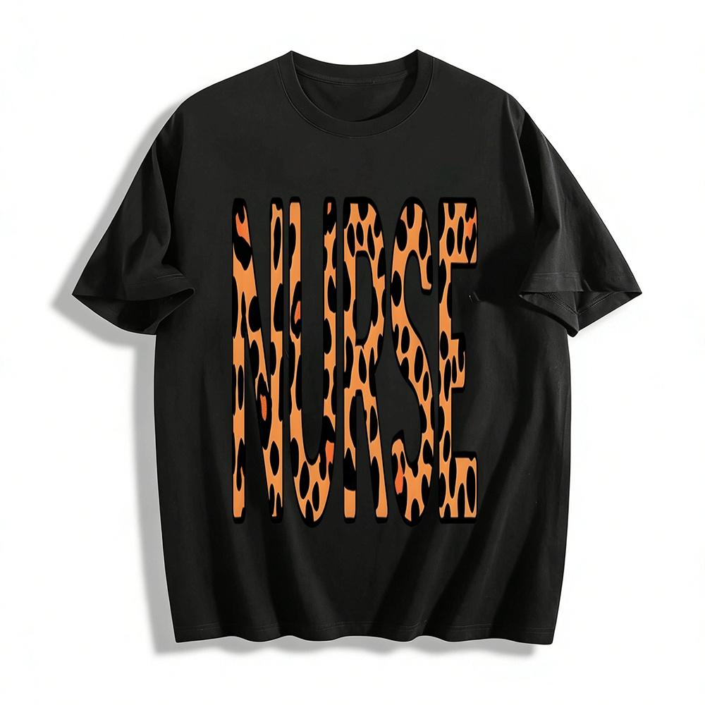 Leopard Print NURSE Letter Graphic Casual Nurse Themed Tee Shirt Pure cotton T-shirt XXS