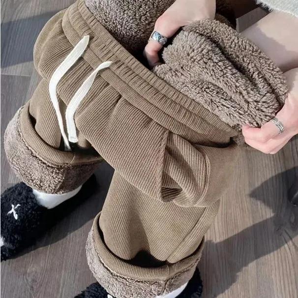Autumn Winter Wide Leg Pants Women Autumn Plush Pants Women Extra Thick Lamb Fleece Warm Straight Korean Pants Joggers Women