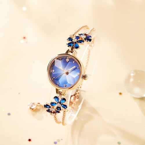 Time100 Sommer Damen Armbanduhr Japanisches Quarz Armband Stil Facettiertes Glas Kristallverzierter Riemen Wasserdichte Uhr Geschenkbox (Blaue Farbe)