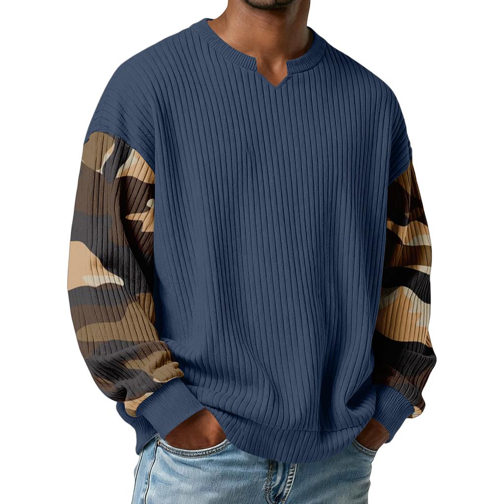 Herren Camouflage Stilvolles V-Ausschnitt Geripptes Strukturiertes Langarm-T-Shirt