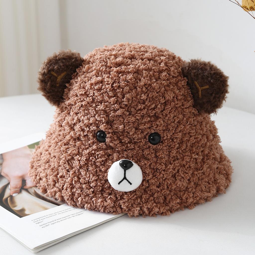 Cute Bear Ear Winter Hat For Women - Plush Fisherman Cap, Warm Thickened Cartoon Bucket Hat