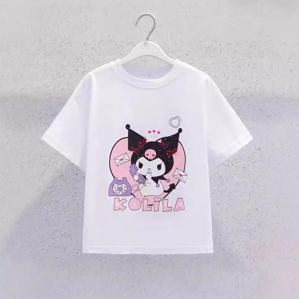 New Childrens Tshirt Cute Kuromi Style Pure Cotton Printed Parentchild Outfit Round Neck Casual Versatile Pure Cotton Top