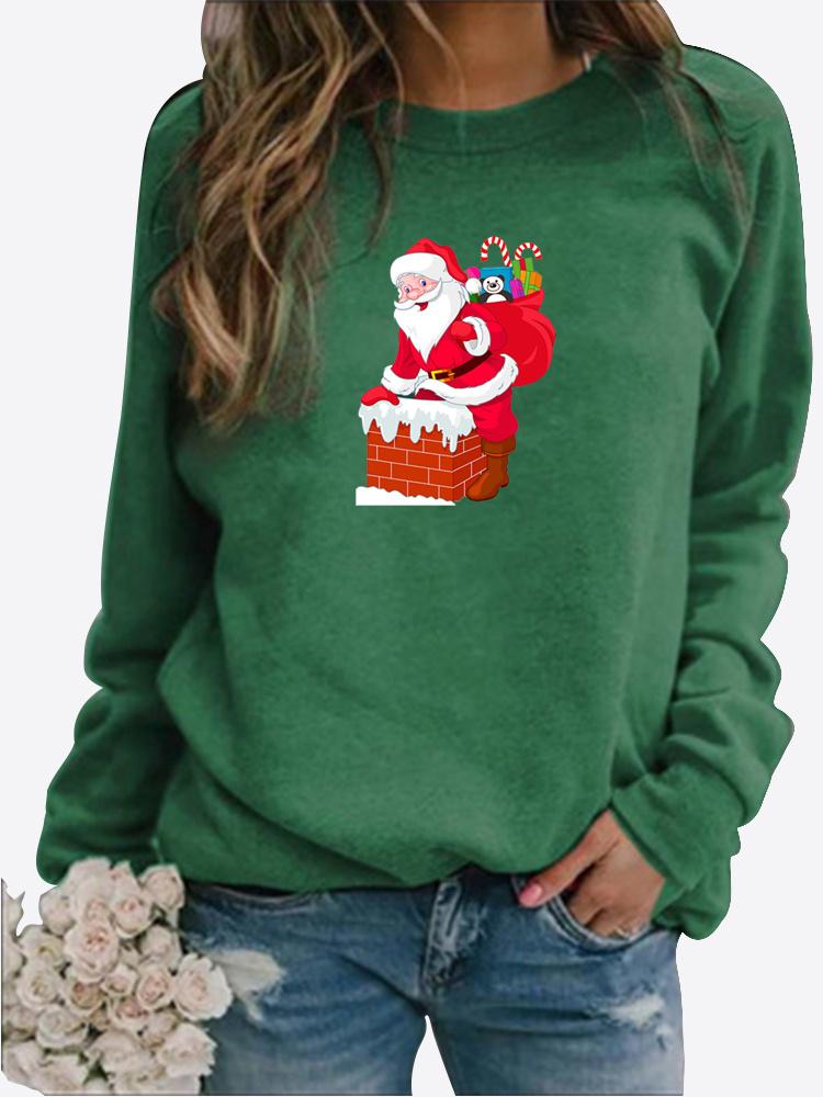 Zimowa damska Casual z długimi rękawami, nadrukiem Świętego Mikołaja, damska, wokół szyi, luźna koszulka, topy w dużych rozmiarach, sweter z długim rękawem