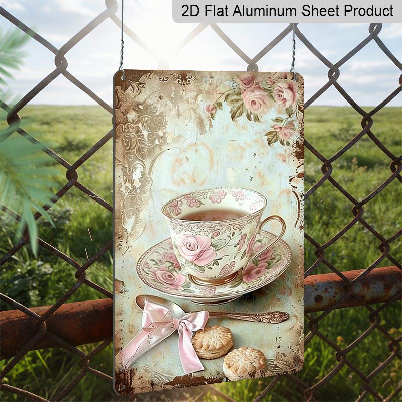 2D Flat 1pc Vintage Floral Teacup Metal Wall Decor - 8x12 Inch Aluminium Sign with Pink Roses & Lace, Pastel Spring Home Accent for Bedroom