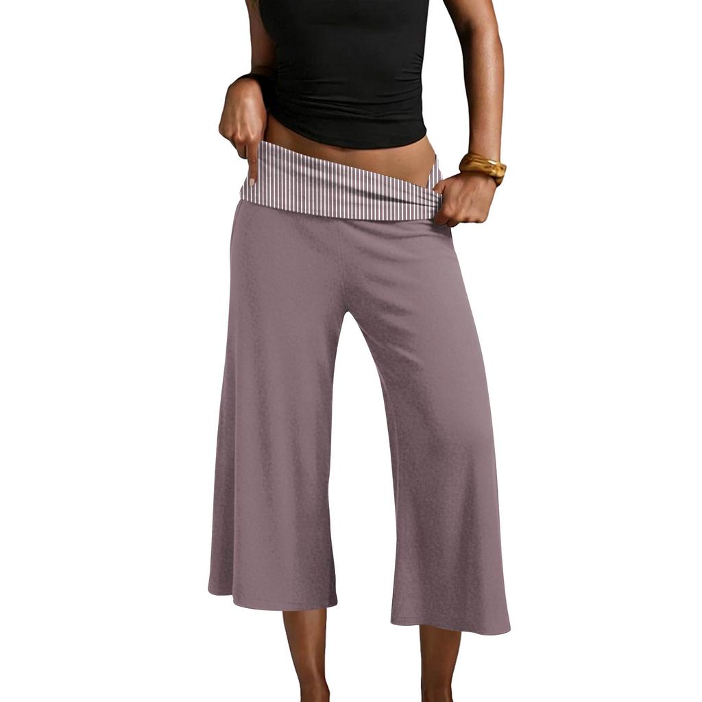 Womens Fold Over Cropped Pants Flared Bottom Fold Over Sweatpants Low Yoga Strechy Casual Wide Leg Sweatpant