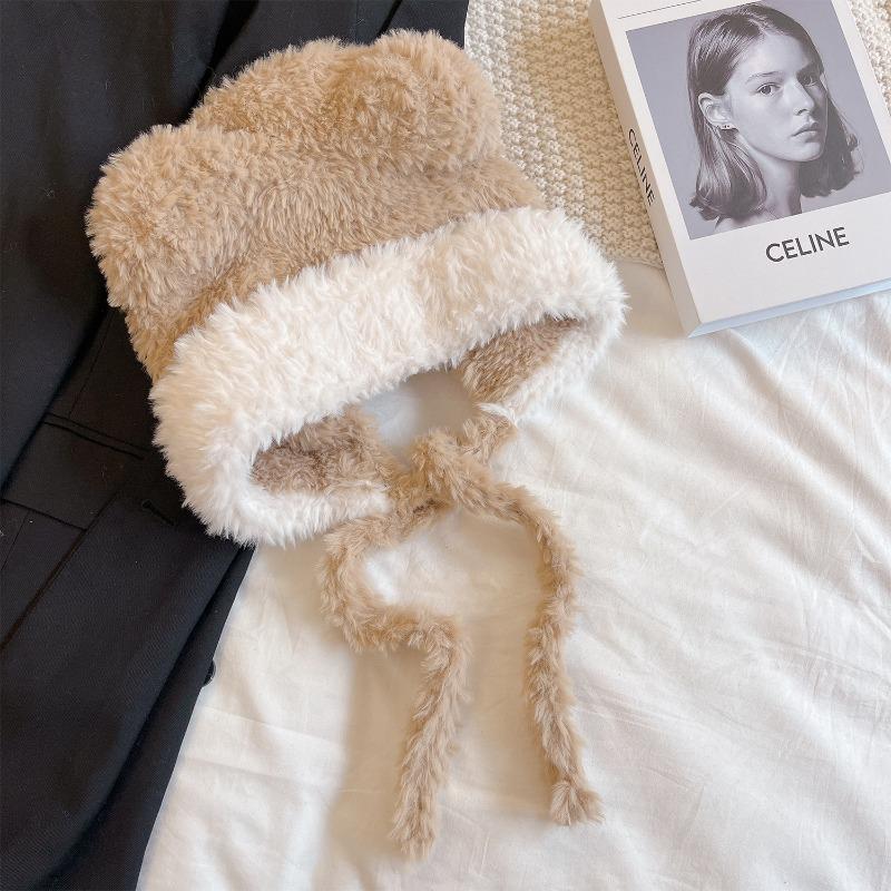 

Контрастная цветная шапка с медвежьими ушками, женская зимняя универсальная плюшевая шапка, утолщенная теплая, для велоспорта, трендовая M（56-58cm） хаки