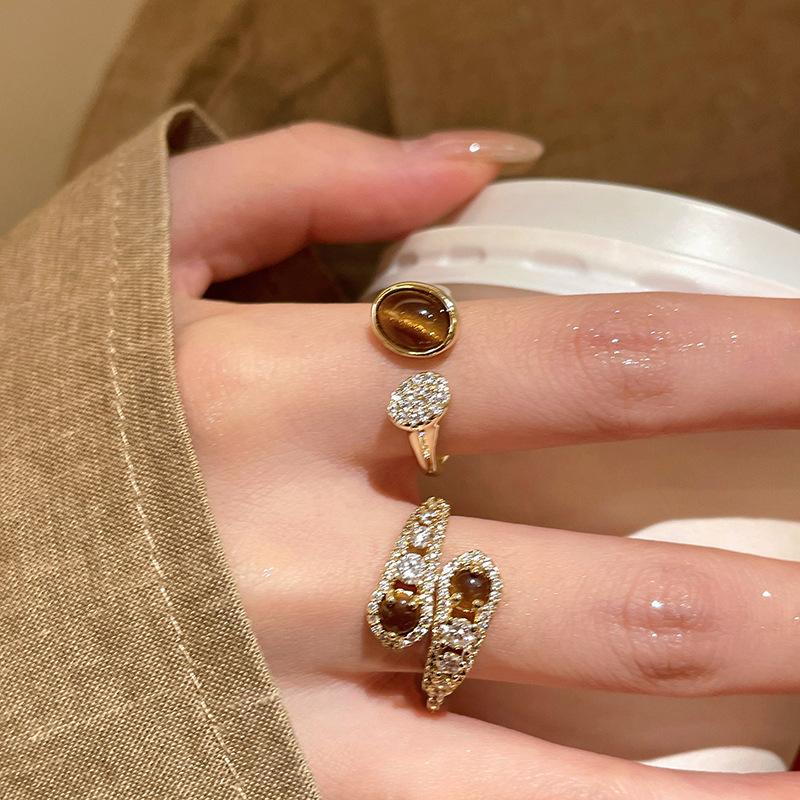 Vintage Maillard Tiger's Eye Irregular Geometric Ring Index Finger Ring Personality Jewelry Women