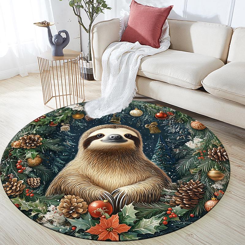Christmas Sloth Pattern Round rug,Carpet Rug for Living Room Bedroom Playroom ,Non-slip Floor Mat,Holiday Gifts and Birthday Gifts.