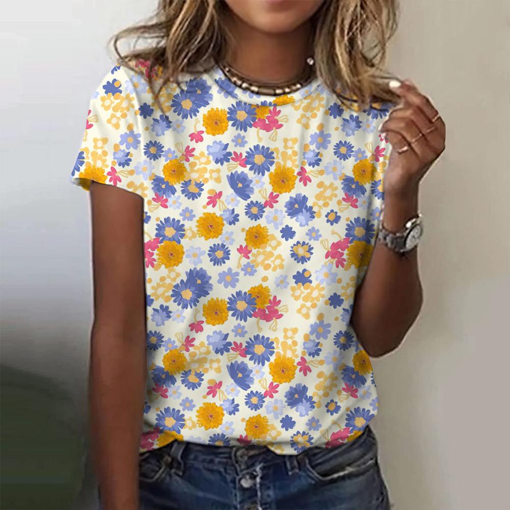 Summer Round Neck 3D Flower Pattern Printed Top Fashionable Casual Short Sleeved Women's T-shirts