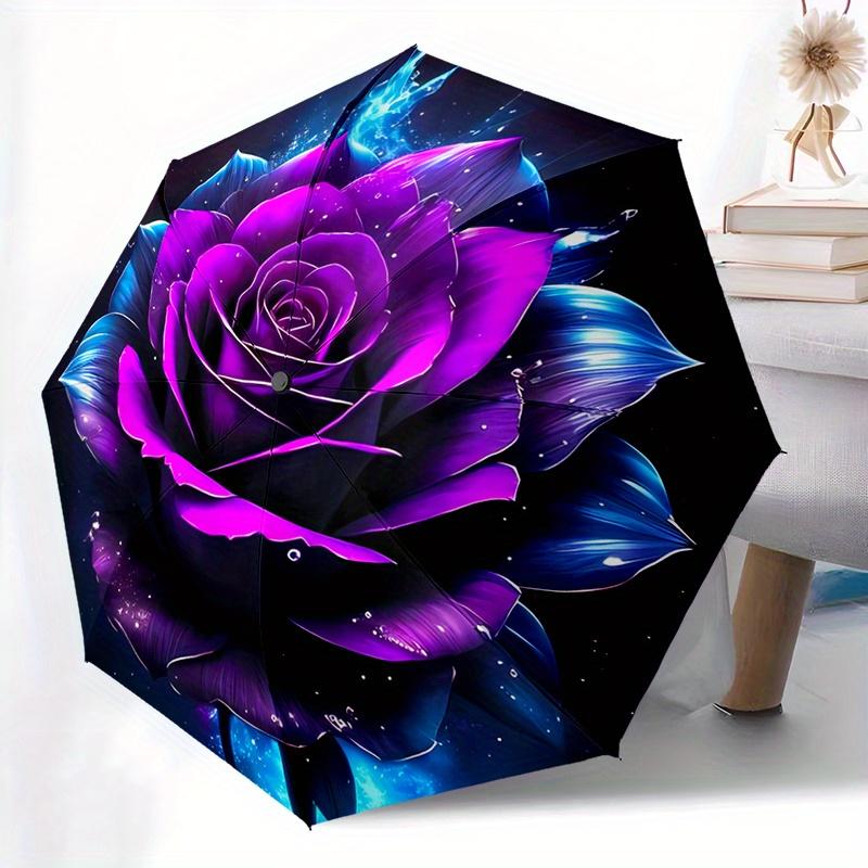 1pc Purple Rose Pattern Portable Folding Umbrella with Durable Iron Frame 8 Ribs Suitable for All Seasons Home Travel Outdoor Multi-function