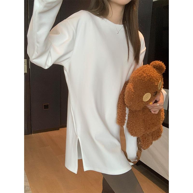 Split Hem Loose White Shirt Top Women's Spring Autumn and Winter German Velvet Inner with Long Sleeves Simple Basic Bottoming Shirt