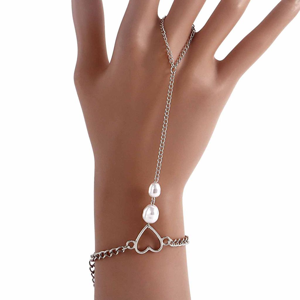 Europe and the United States popular ins style punk love imitation pearl bracelet exaggerated personality metal finger chain jewelry