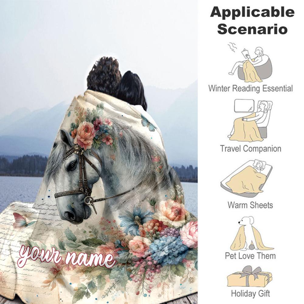 Beautiful Horse Customize Text Blanket Throw Customizable Blanket Warmthful Decor Great for Sofa Bedding Office Couch Four Seasons Universal