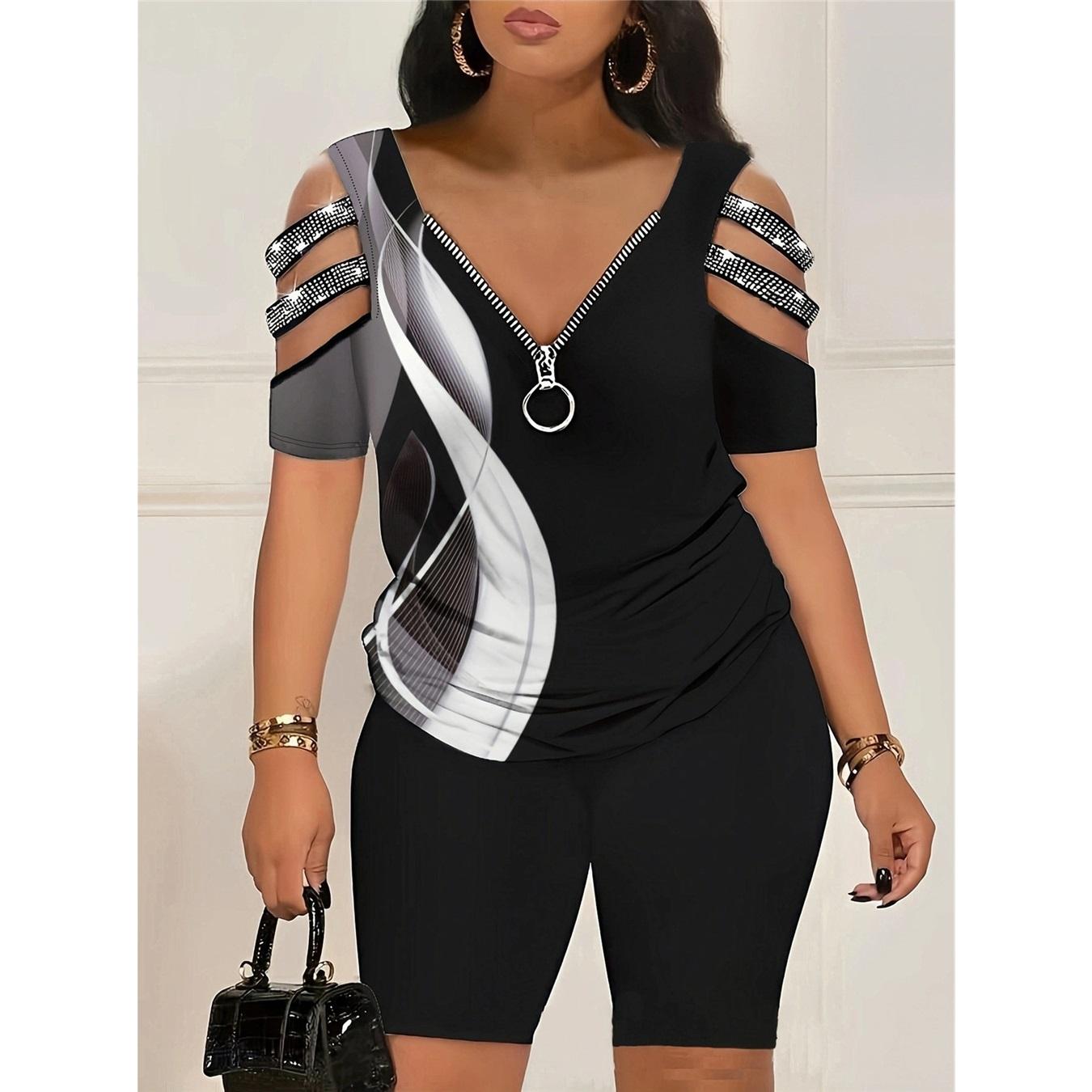 

Жіночі комплекти з короткими рукавами та блискавкою з V-подібним вирізом, футболка, шорти, весняно-літній комплект із двох частин 5XL чорний