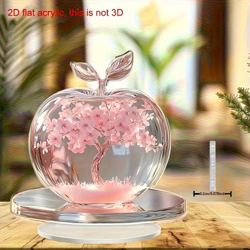 2D Flat Cherry Blossom Acrylic Desktop Decoration, Pink Flowers & Green Leaves, Home Decor Plaque Hanging Wall Art Decorative Garden Decoration for Ro