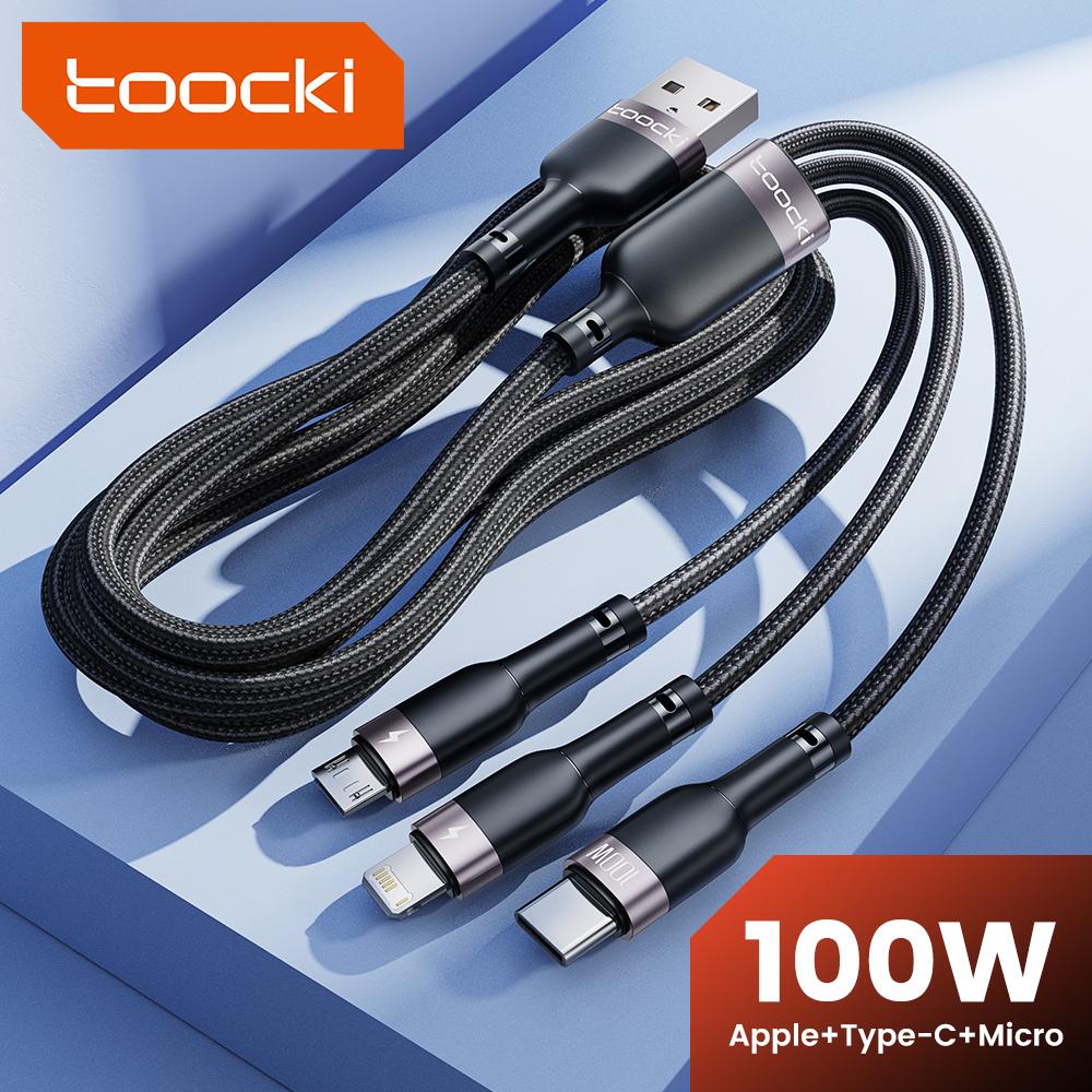 Toocki 3 in 1 USB Cable 6A 100W Micro USB Type C Charging Cable For 14 13 12 Huawei Honor 13 ViVo Oppo Data Cord