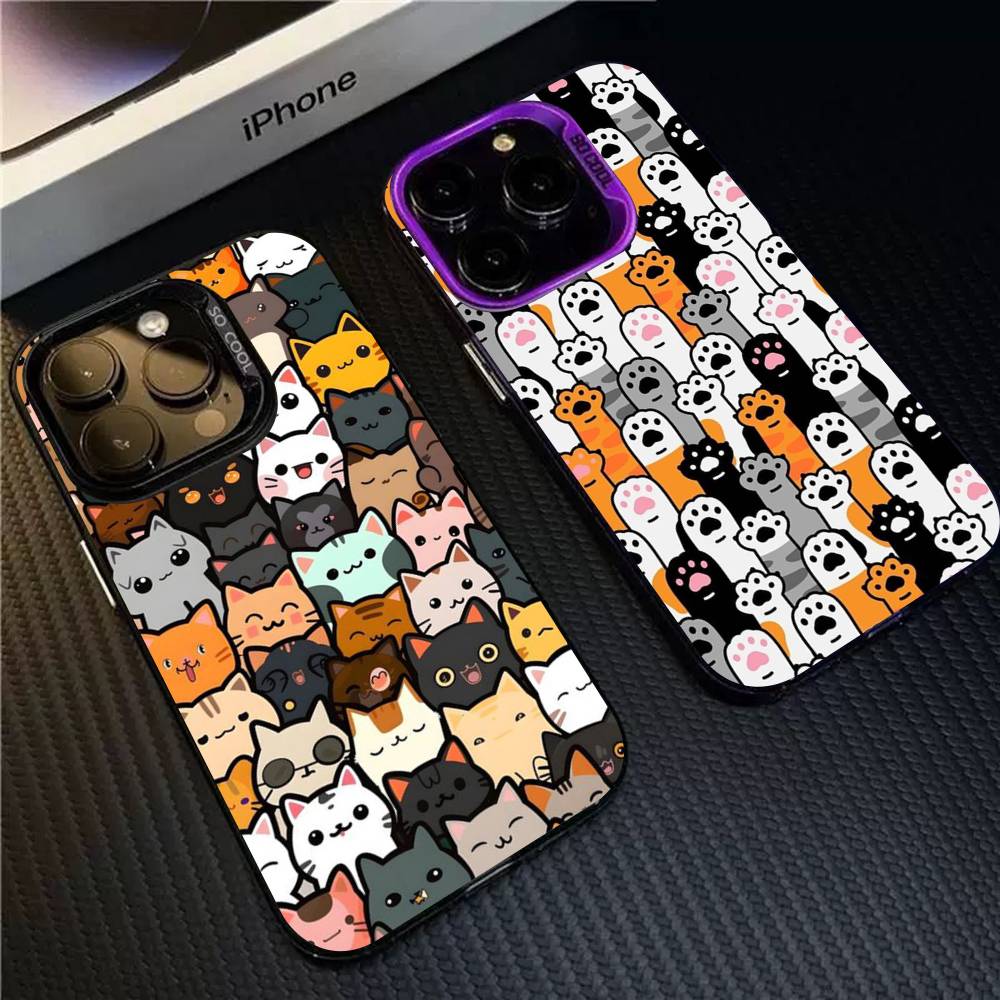 Cartoon Cute Cats Background Phone Case For IPhone 17 16 15 14 11 12 13 Pro Max Pro Plus Colored Silver Cover