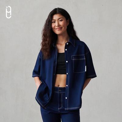 Chemise en jean à manches courtes coupe ample pour femme