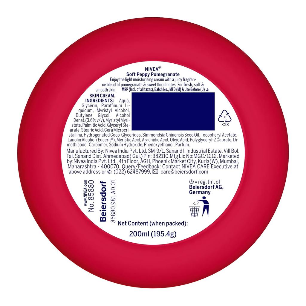 NIVEA Soft Light Moisturizer 200ml | Peppy Pomegranate | Face, Hand & Body, Instant Hydration | Non-Greasy Cream | Vitamin E & Jojoba Oil