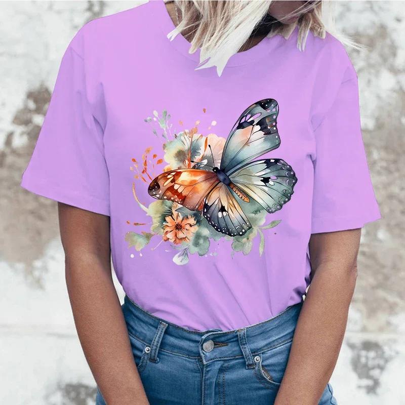 High quality  Flowers Butterfly Printing cottonn Fashion Short Sleeve Summer Cool Hip Hop Top woman