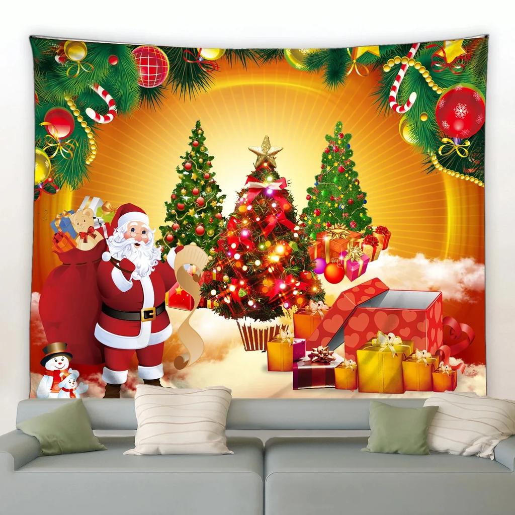 Cartoon Santa Claus Pattern Tapestry Home Bedroom Living Room Wall Decoration Christmas Theme Tapestry