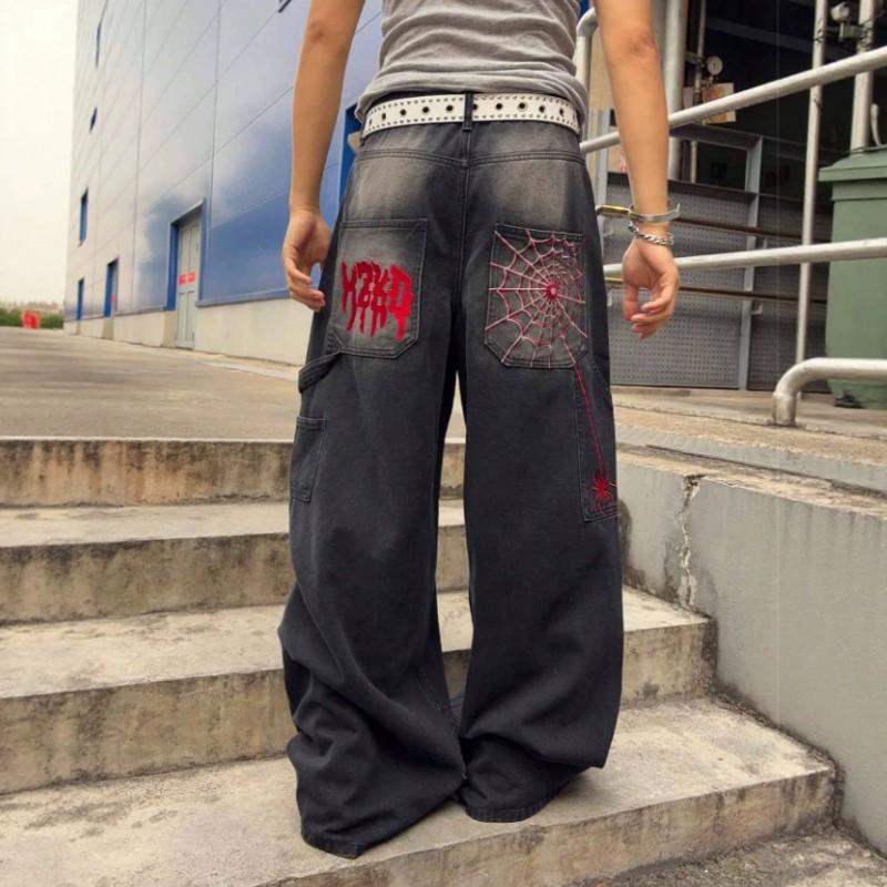 2026 Distressed Low Waist Jeans Streetwear Spider Web Denim Pants Men Women