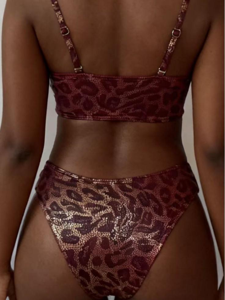 2026 European & American Style Leopard Print Metallic Backless Bandeau Bikini Set for Women