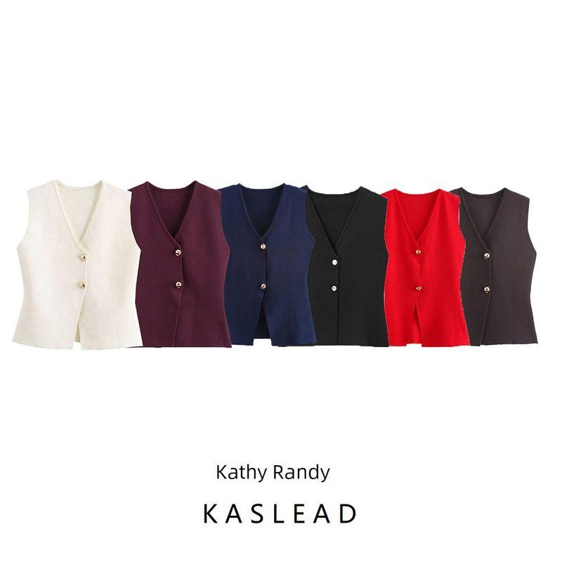 Kaslead New Arrival Women's Clothing Fashion Style Fashion Minimalist Gold Button Decoration Knitting Vest Style Tops