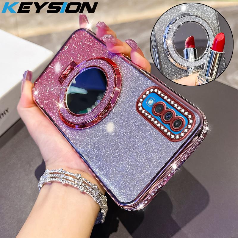 KEYSION Luxury Glitter Jewelled Magnetic Phone Case for Samsung Galaxy A50 A50S A30S Makeup Mirror Stand Shockproof Back Cover